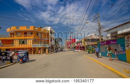 ATACAMES, ECUADOR - March 16, 2016:  Steet view of beach town located on Ecuador's Northern Pacific coast. It is located in the province of Esmeraldas.