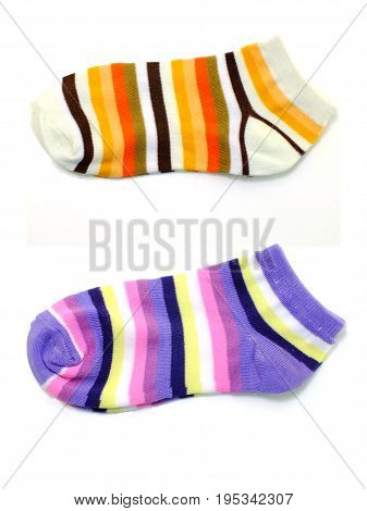 set of several multi colored socks isolated on white background