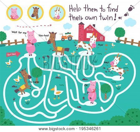 Funny maze puzzle for kids. Help them to find their own twin kid learning game illustration vector.