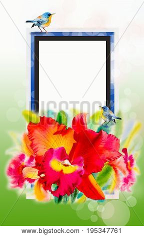 Red orchid flower beauty and couple bird in spring summer season. Watercolor painting original realistic colorful flowers on white background. Hand painted illustration.