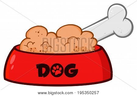 Red Dog Bowl With Animal Food And Bone Drawing Simple Design. Illustration Isolated On White Background