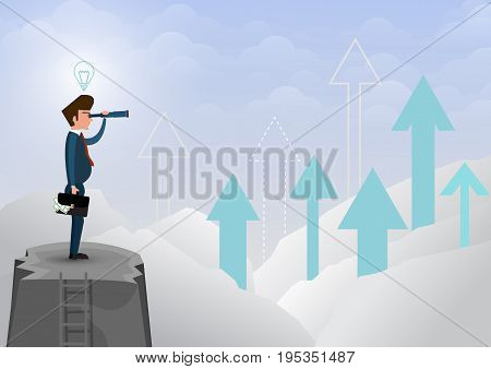Businessman looking through the telescope at the mountaintop