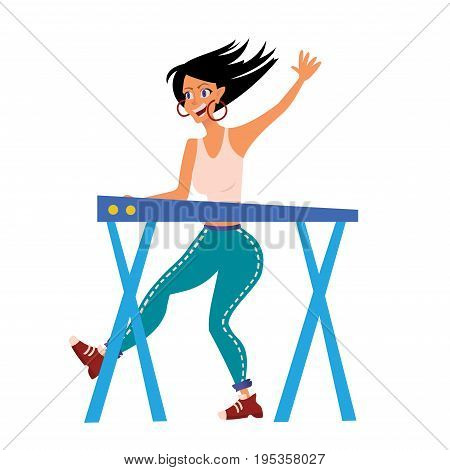 Young woman playing on synthesizer. Female musician. Female musician keyboardist. Vector illustration, isolated on white background.