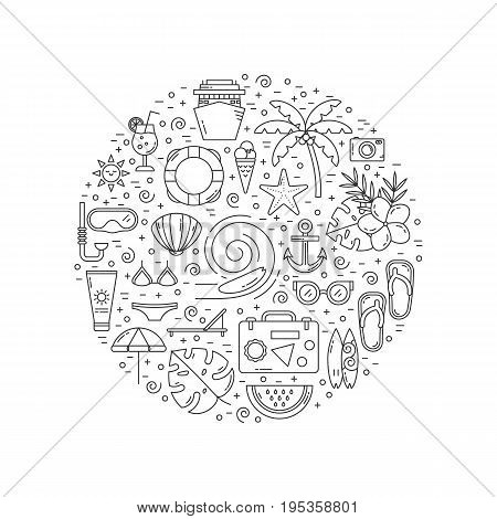 Vector banner with summer symbols in trendy linear style isolated on white background