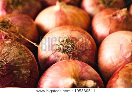 Fresh onions on display at a nearby market.
