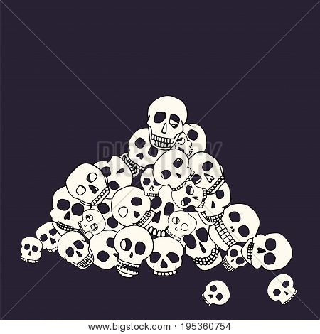 Hand drawn skull pile. Stock vector illustration of human head doodles in a heap