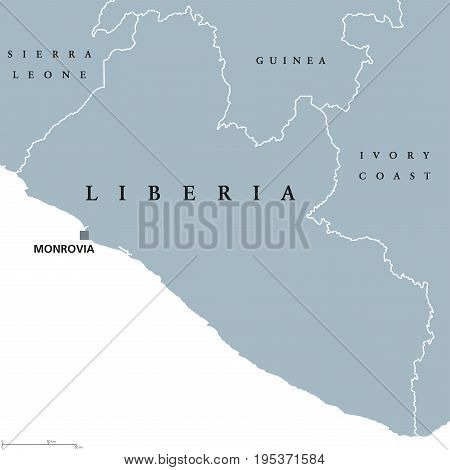 Liberia political map with capital Monrovia and international borders. Republic and country on the West African coast. Gray illustration isolated on white background. English labeling. Vector.