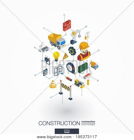 Construction integrated 3d web icons. Digital network isometric interact concept. Connected graphic design dot and line system. Abstract background for engineer, architecture, build. Vector on white.
