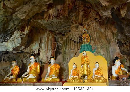 Lots Of Buddha Statues In Bayin Nyi (begyinni) Cave Near Hpa-an, Myanmar