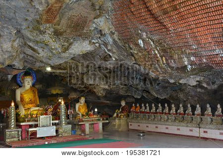 Beauiful Buddha Statues Inside Sacred Kaw Ka Thawng Cave In Hpa-an, Myanmar