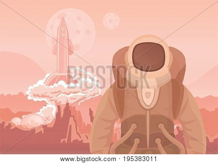 Astronaut on Mars or another planet. A rocket blasting off. Space travel. Vector illustration.