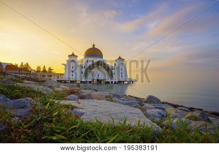 Majestic View Of Malacca Straits Mosque During Sunset
