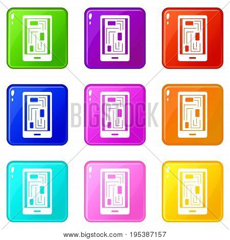 Phone innards icons of 9 color set isolated vector illustration