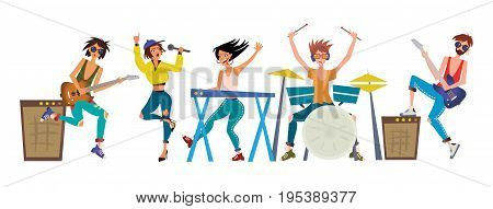 Rock band. Young men and women play musical instruments. Guitarists, keyboardist, drummer and singer. Vector illustration, isolated on white background.