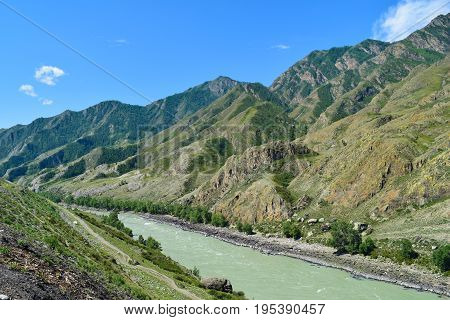 Chuya river flows in Altai mountains. Altay Republic Siberia Russia.