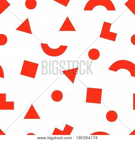 Seamless Modern Abstract Geometry Memphis Minimalism Pattern. Randomly Scattered Red Geometric Shape