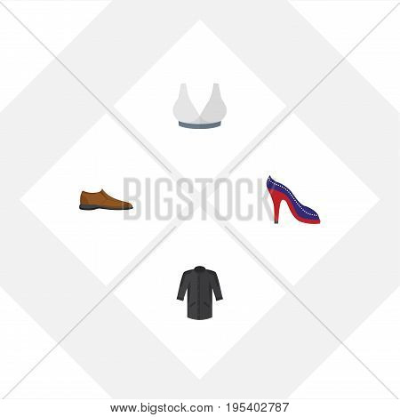 Flat Icon Garment Set Of Heeled Shoe, Uniform, Male Footware And Other Vector Objects. Also Includes Bra, Sport, Footware Elements.