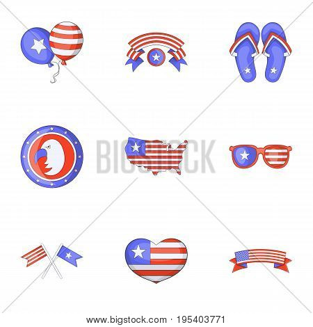 USA day icons set. Cartoon set of 9 USA day vector icons for web isolated on white background