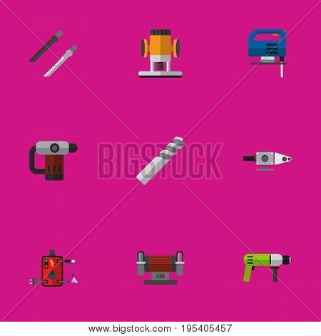 Set Of 9 Editable Instruments Icons. Includes Symbols Such As Borer, Inserting Nails, Jig Saw And More. Can Be Used For Web, Mobile, UI And Infographic Design.