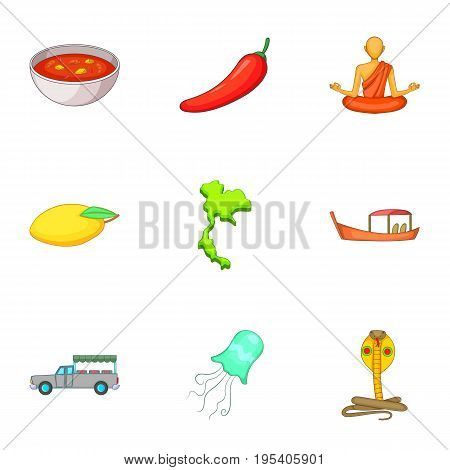 Thailand travel icons set. Cartoon set of 9 Thailand travel vector icons for web isolated on white background