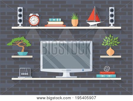Television area vector. TV and shelves with objects on a brick wall background. Illustration in a flette style. Decoration and decor of TV zone.