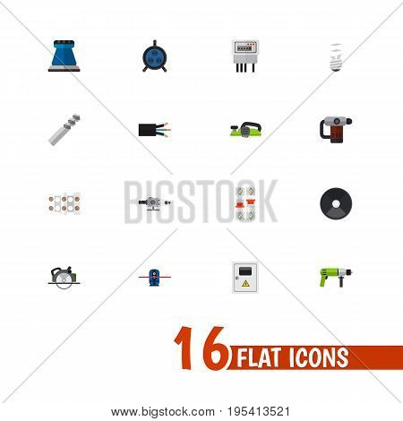 Set Of 16 Editable Electrical Icons. Includes Symbols Such As Grinder, Buzzsaw, Auger And More. Can Be Used For Web, Mobile, UI And Infographic Design.