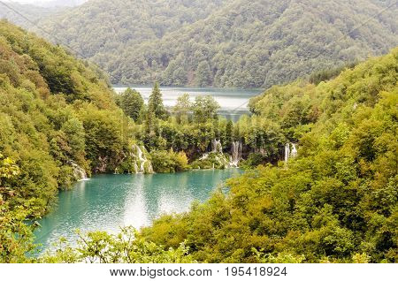 landscape of plitvicka lake national park at sunset unesco heritage site plitvice croatia.