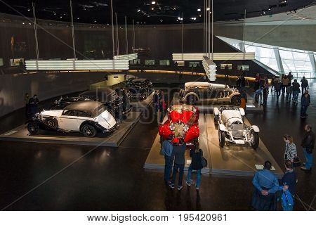 STUTTGART GERMANY- MARCH 19 2016: Exhibition Hall with the cars of the 20s and of 30th years of the 20th century. Mercedes-Benz Museum.