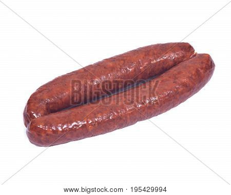 Guylai kolbasz, hungarian smoked sausage isolated on white background