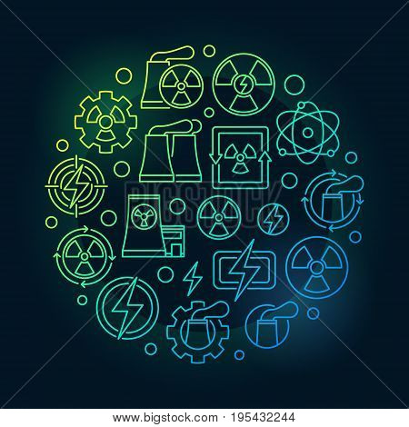 Nuclear energy round colorful illustration. Vector nuclear power circular concept symbol in thin line style on dark background
