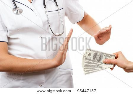 Woman Doctor Refusing Bribes Or Kickbacks, Concept Of Corruption