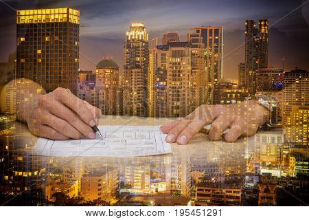 double exposure of commitment sign contract and urban cityscpae vintage filter - can use to display or montage on product