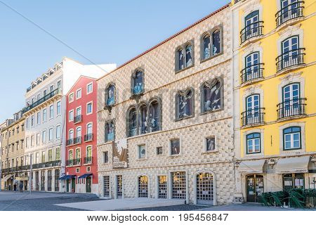 LISBON,PORTUGAL - MAY 19,2017 - View at the House dos Bicos in the streets of Lisbon. Lisbon is the capital of Portugal.