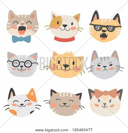 Cats heads vector illustration cute animal funny decorative characters color abstract feline domestic trendy pet drawn. Happy mammal fur adorable breed.