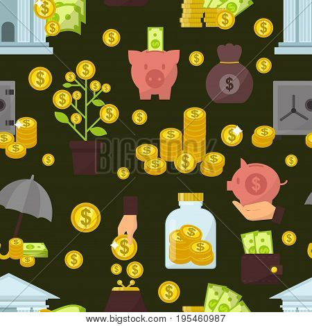 Set of flat design concept money icons for finance banking online payment dollar commerce vector illustration. Investment symbol buck cash note gold coins pattern seamless background