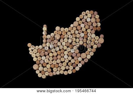 Wine-producing countries - maps from wine corks. Map of South Africa on black background. Clipping path included.