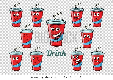 drink Cola tube emotions characters collection set. Isolated neutral background. Retro comic book style cartoon pop art vector illustration