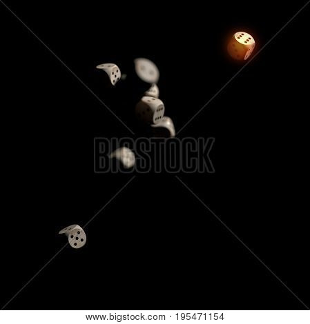 Dice rolling shooting with dark background. Focus on leader. 3D rendering