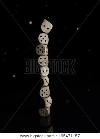 Stack of wooden dice on a black background. 3D rendering