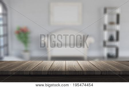 3D render of a wooden table looking out to a defocussed room interior
