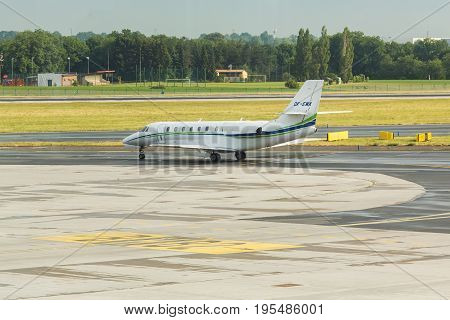 PRAGUE, CZECH REPUBLIC - JUNE 16, 2017: Cessna 680 Citation Sovereign OK-EMA Is waiting.