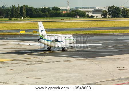 PRAGUE, CZECH REPUBLIC - JUNE 16, 2017: Cessna 680 Citation Sovereign OK-EMA Is waiting.