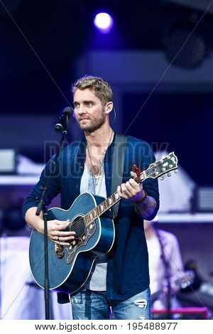 WANTAGH, NY-JUL 14: Brett Young performs during the You Look Good World Tour at Northwell Health at Jones Beach Theatre on July 14, 2017 in Wantagh, New York.
