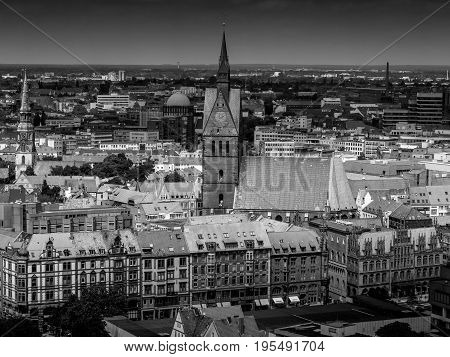 Black and white Cityscape of Hanover historic old town and church