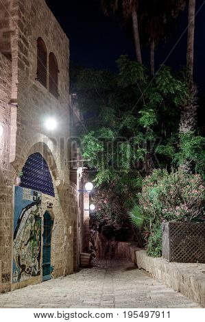 Queet Street - Mazal Tal'e At Night In Old  City Yafo, Israel.