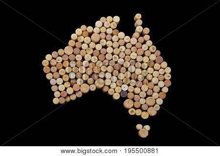 Wine-producing countries - maps from wine corks. Map of Australia on black background. Clipping path included.
