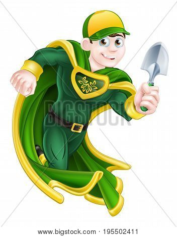 A cartoon super hero gardener character holding a garden trowel tool