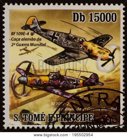 Moscow Russia - July 14 2017: A stamp printed in Sao Tome and Principe shows German fighter aircrafts Bf.109 series 