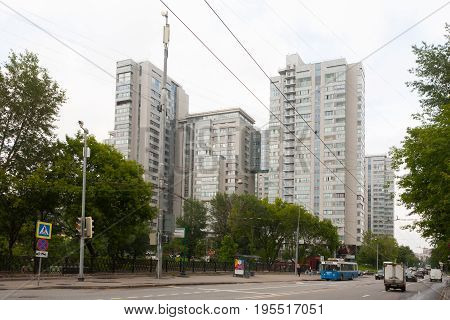 MOSCOW - JULY 13: Multi-storey residential buildings on Shmitovskaya street on July 13 2017 in Moscow. Shmitovski Street is located in Central Administrative District of Moscow.