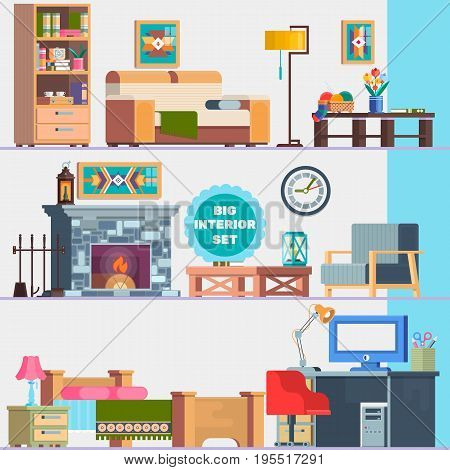 Big detailed Interior set. Home furniture. Interior design. Set of elements cupboard, sofa, fireplace, coffee table, lamp flowers pictures Flat vector illustration